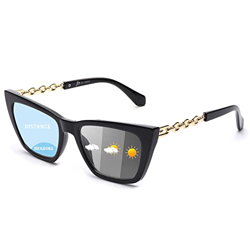 JM Fotocromáticas Bifocales Gafas de Sol de Lectura para Mujer, Ojo de Gato Gafas Presbicia Anti Luz Azul Negro +1.5