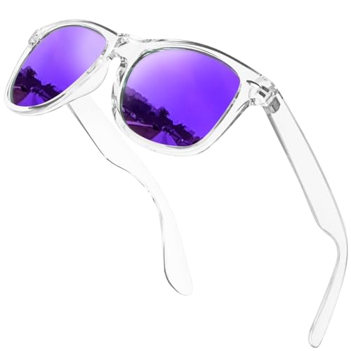 KANASTAL Gafas de Sol Moradas Mujer y Hombre Polarizadas Moradas Espejo Cuadradas Clásicas Retro Protección UV400 -Montura Transparente con Lentes Moradas