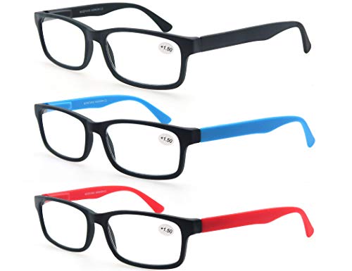 MODFANS Pack de 3 Gafas de Lectura 2.25/Gafas para Presbicia Hombres/Mujeres,Buena Vision Ligeras Comodas,Vista de Cerca/Vista Cansada,Colores Negro-Rojo-Azul