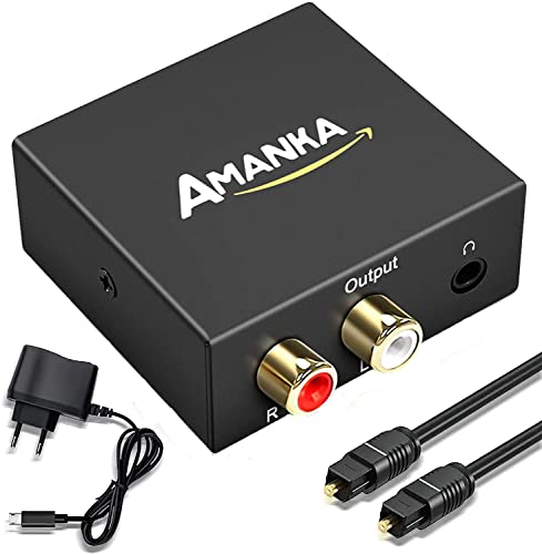 AMANKA Convertidor Digital a Analógico, DAC Audio Óptico Coaxial(RCA) Toslink SPDIF a Audio Estéreo R/L + Jack 3.5mm con Cable Óptico para PS3, PS4, Xbox, HDTV, DVD