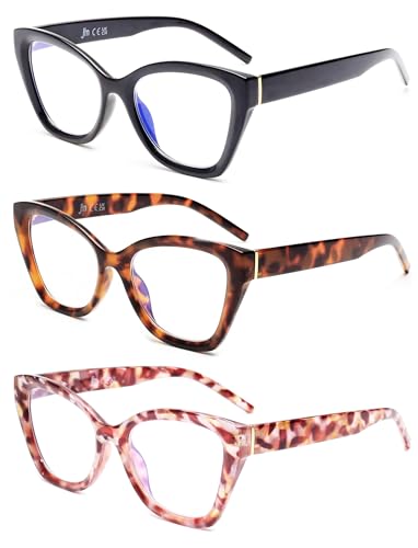 JM 3 Pack Ojos de Gato Gafas de Lectura para Mujer Hombre, Moda Gran Tamaño Gafas Presbicia con Bloqueo a Luz Azul +2.5