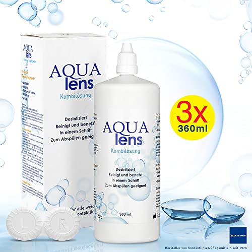 AQUA lens Liquido Lentillas 3X360 ml - 1080 ML + 3 estuches - Solución única de gama alta para lentes de contacto blandas con HPMC